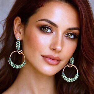 Earrings. Gold. Green Seed Beads, Turquoise Thread Wrapped. Pierced.